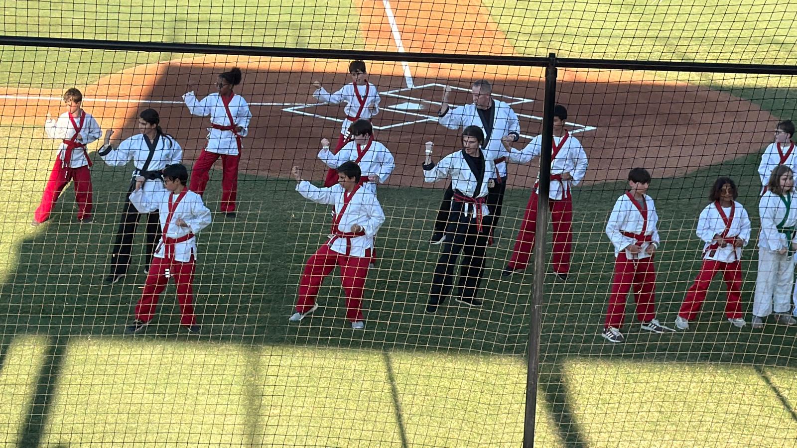 The Karate USA demonstration seen from the stands through the backstop netting.